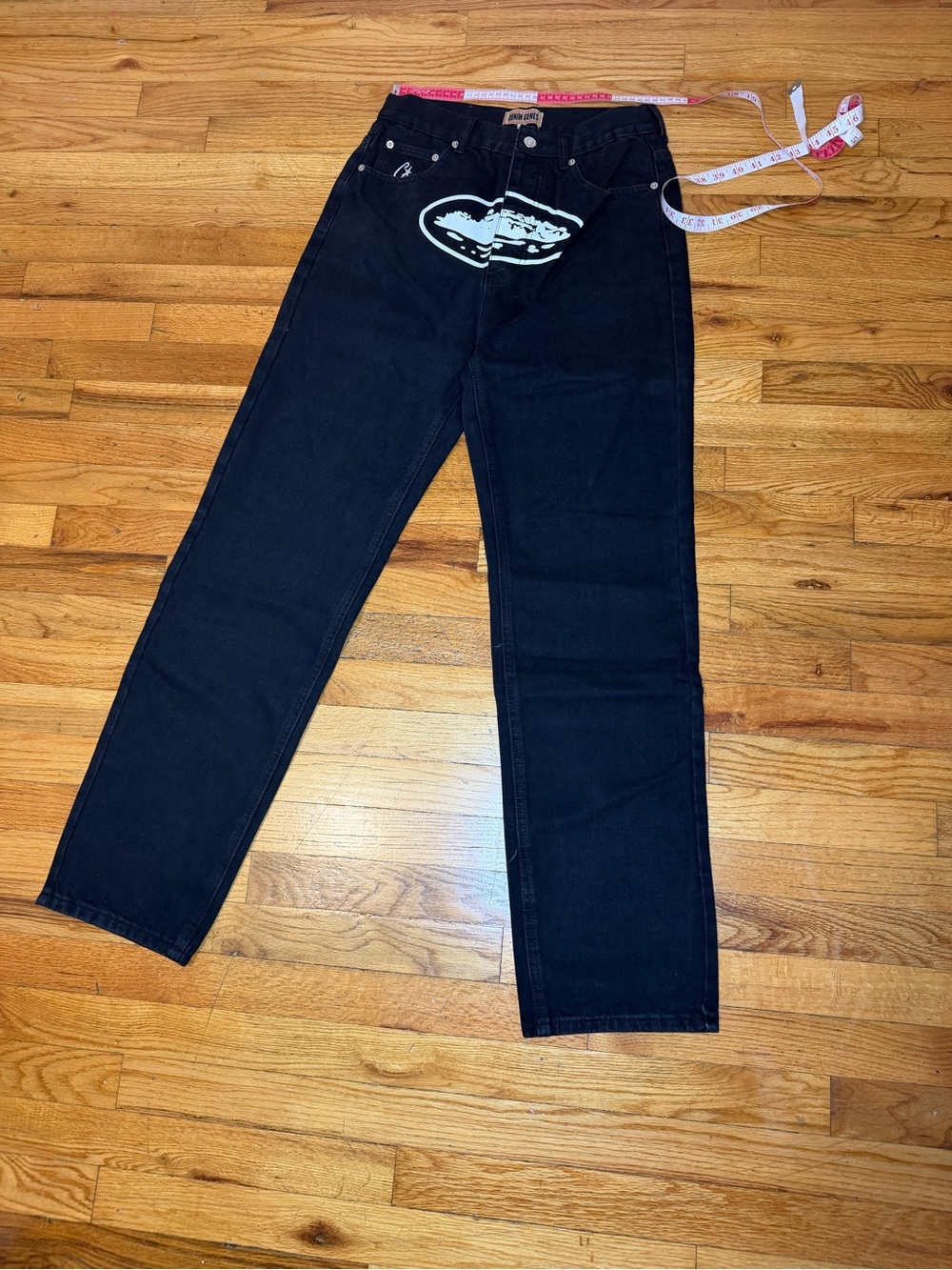 Black Straight Jeans with White Graphic Detail